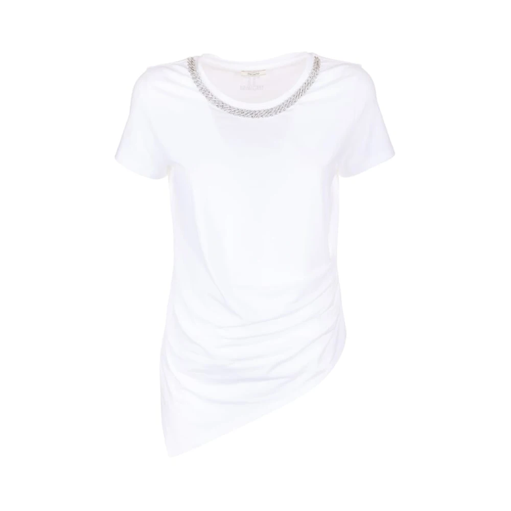 Fracomina Stretch Jersey Regular T-shirt met Rhinestone Ketting Applicatie White Dames