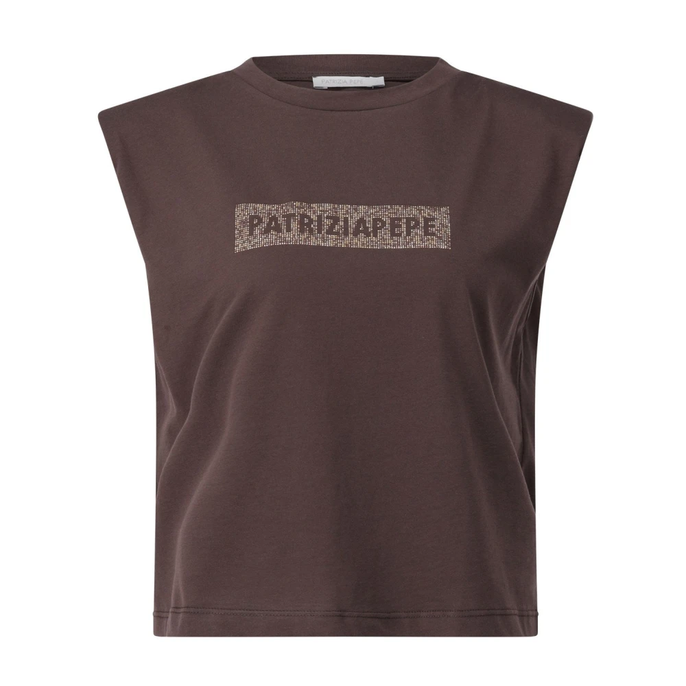 PATRIZIA PEPE Katoenen top met strass logo Brown Dames