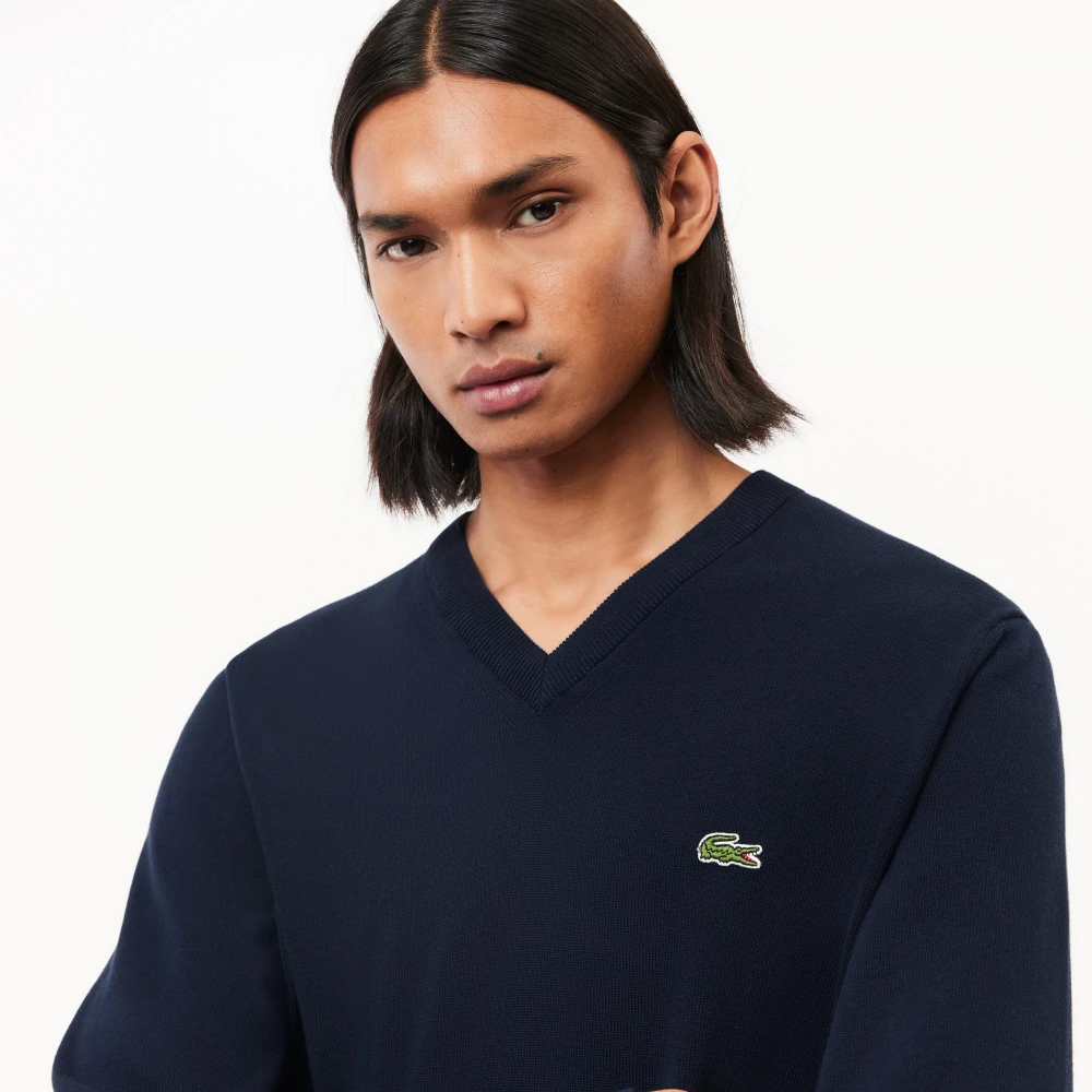 Lacoste V-hals Katoenen Trui Navy Blauw Blue Heren