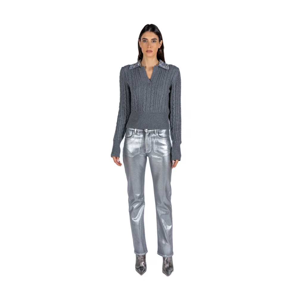 DES Phemmes Trui met strass kraag en kabelbreisel Gray Dames