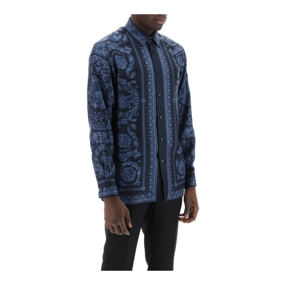Versace Blauwe Barocco Print Zijden Overhemd Blue Heren