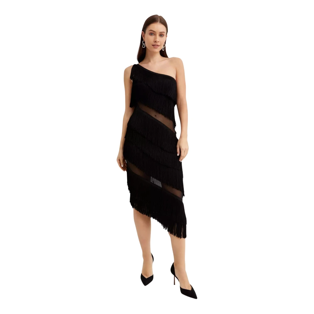 Norma Kamali Zwarte franje asymmetrische midi jurk Black Dames