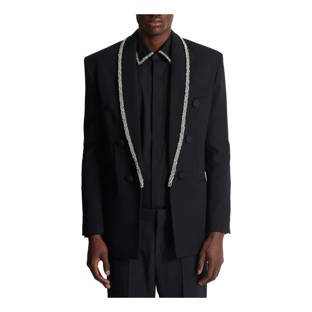 Balmain Jasje van graan met geborduurde kraag Black Heren