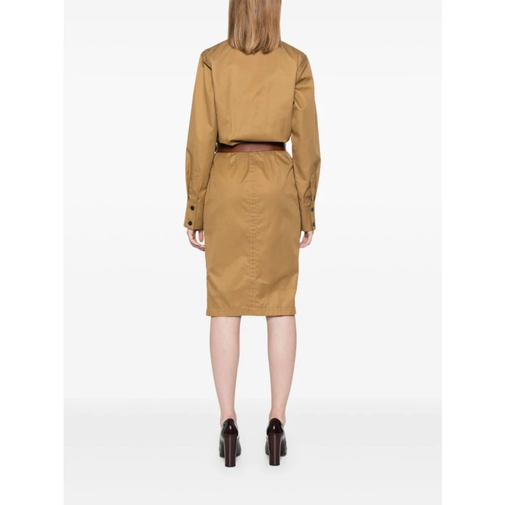 Saint Laurent Kameel Katoenen Twill Midi Jurk Brown Dames