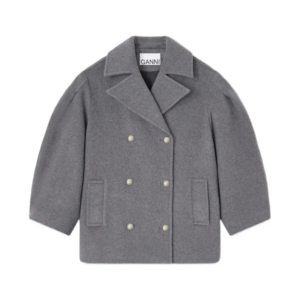 Ganni Women's Gray Double-Breasted Coats, Xs, Balloon-Sleeves Double-Breasted Coat