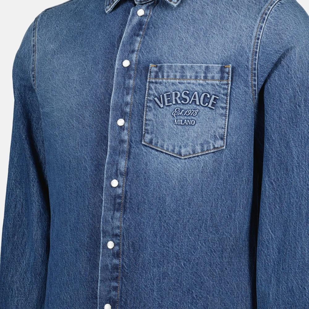 Versace Denim shirt met geborduurd logo Blue Heren