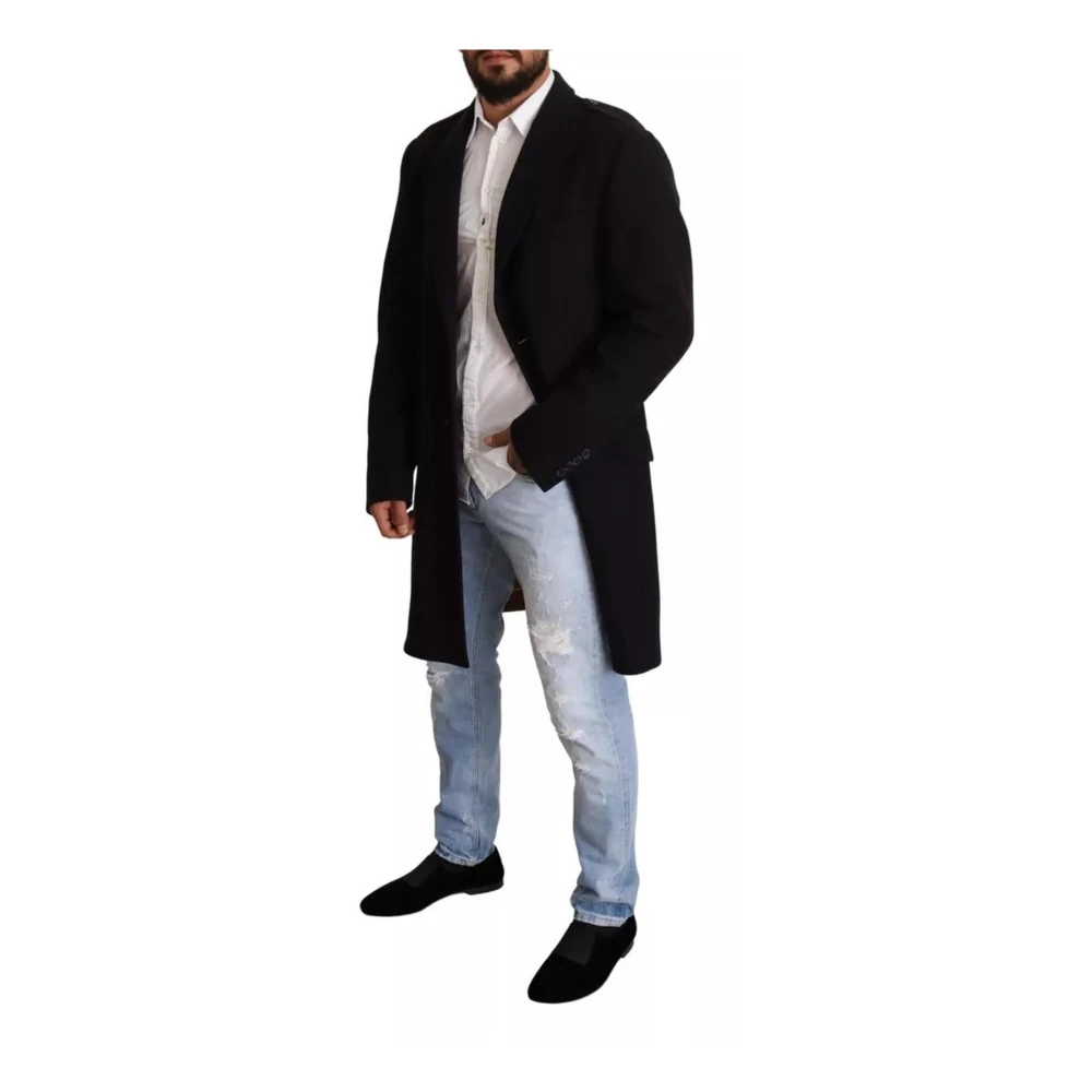 Dolce & Gabbana Blauwe Wollen Trenchcoat met Gouden Zijde Blue Heren