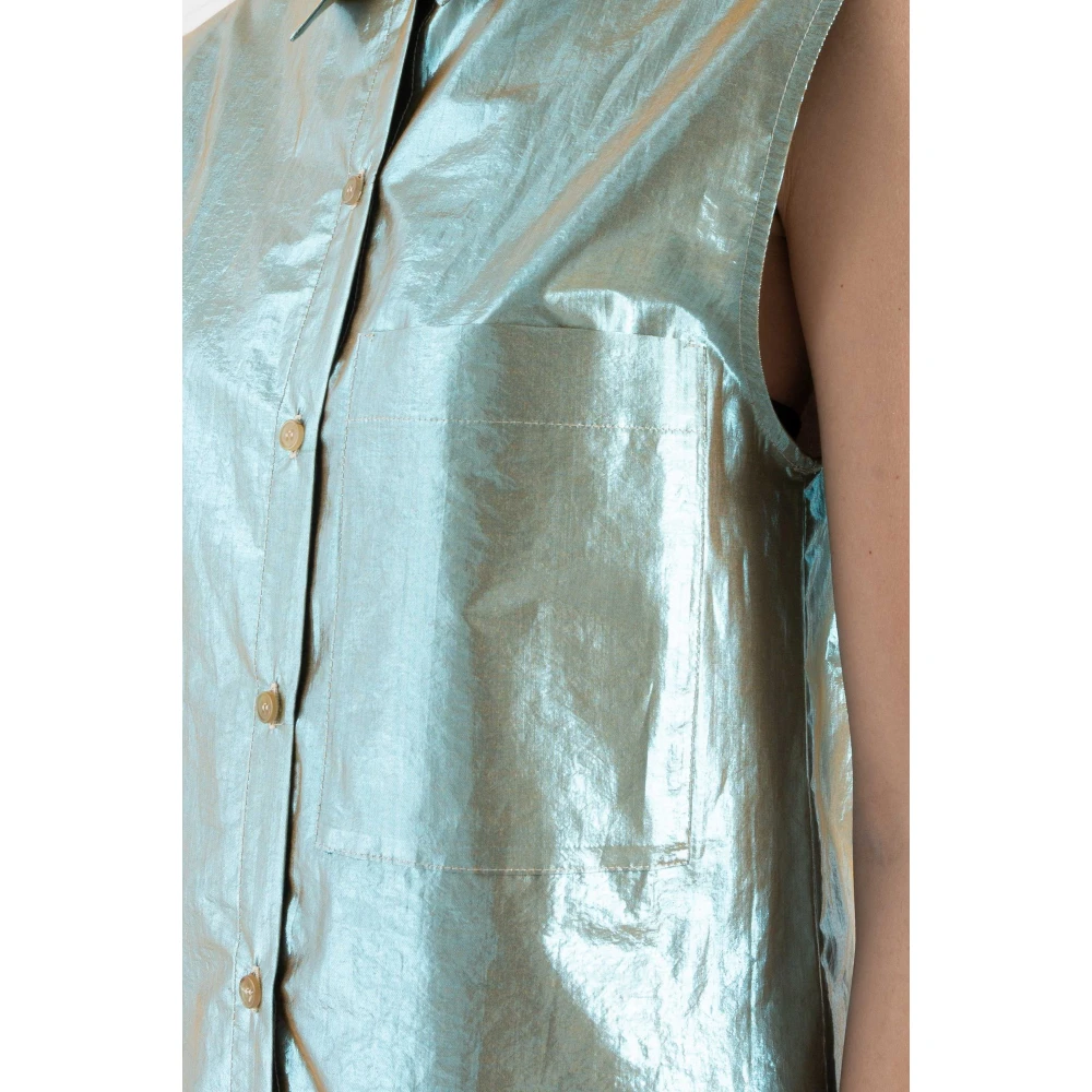 Tela Casual Overhemden Mouwloos Poplin Lurex Knoopsluiting Green Dames