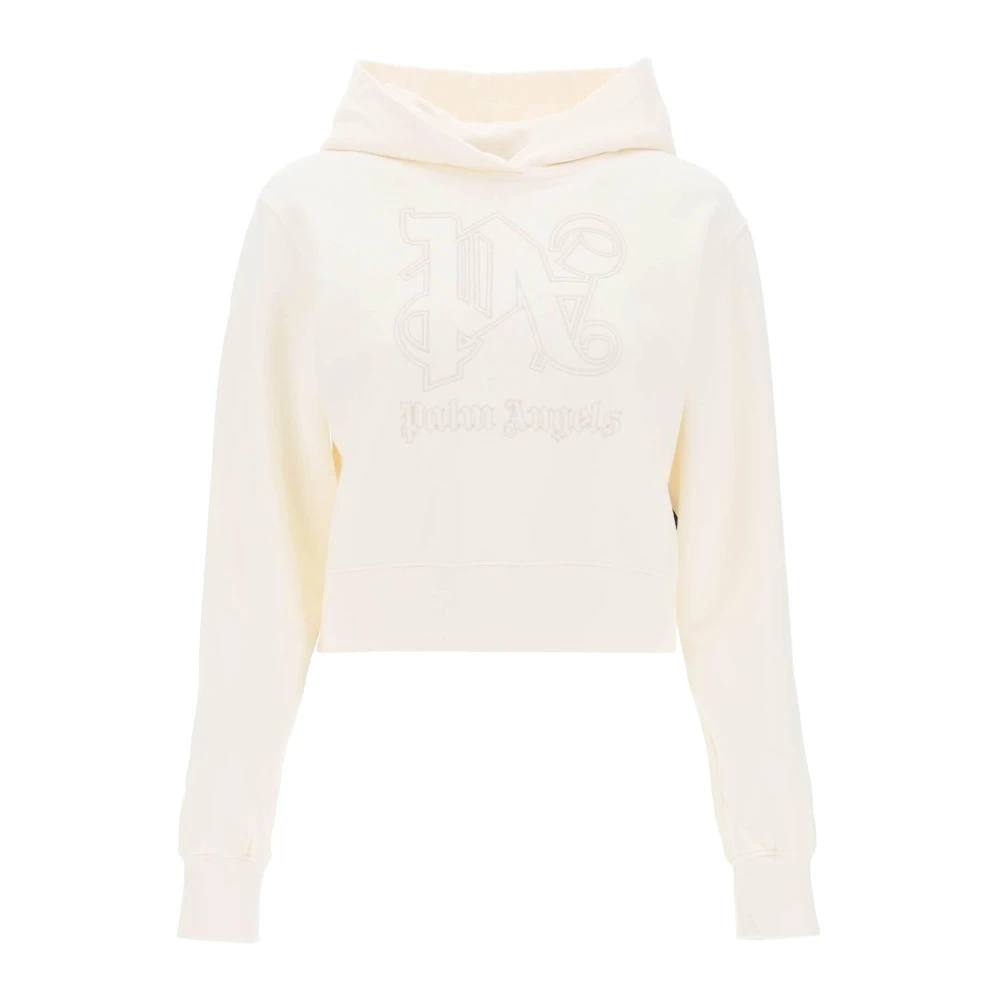 Palm Angels Women's White Monogram Embroidered Cropped Hoodie