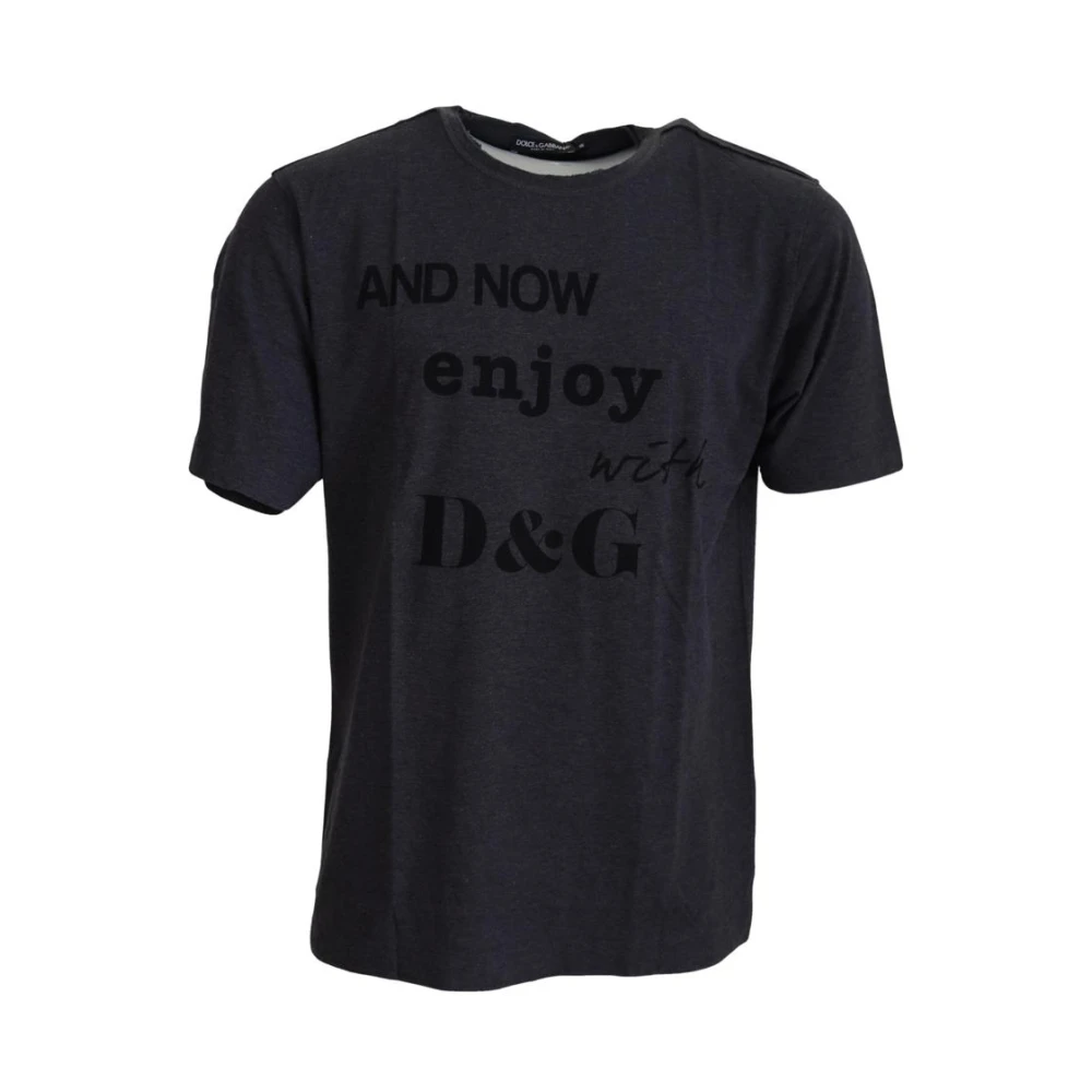 Dolce & Gabbana Gray T-Shirts, Male, L, Motive Print Crew Neck T-Shirt