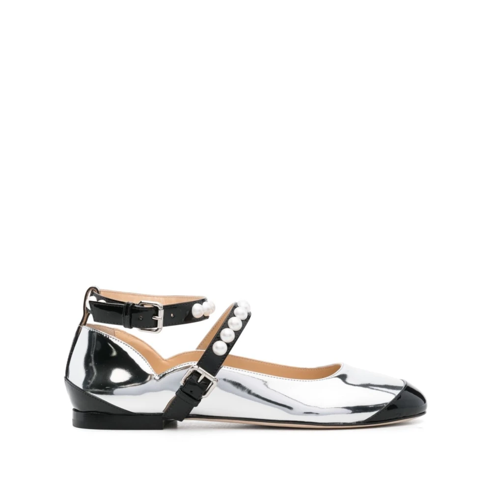 Mach & Mach Vrouw Grijs Schoenen Dames, 37 Eu, Leer, Zilver Metallic Platte Schoenen Met Gesp