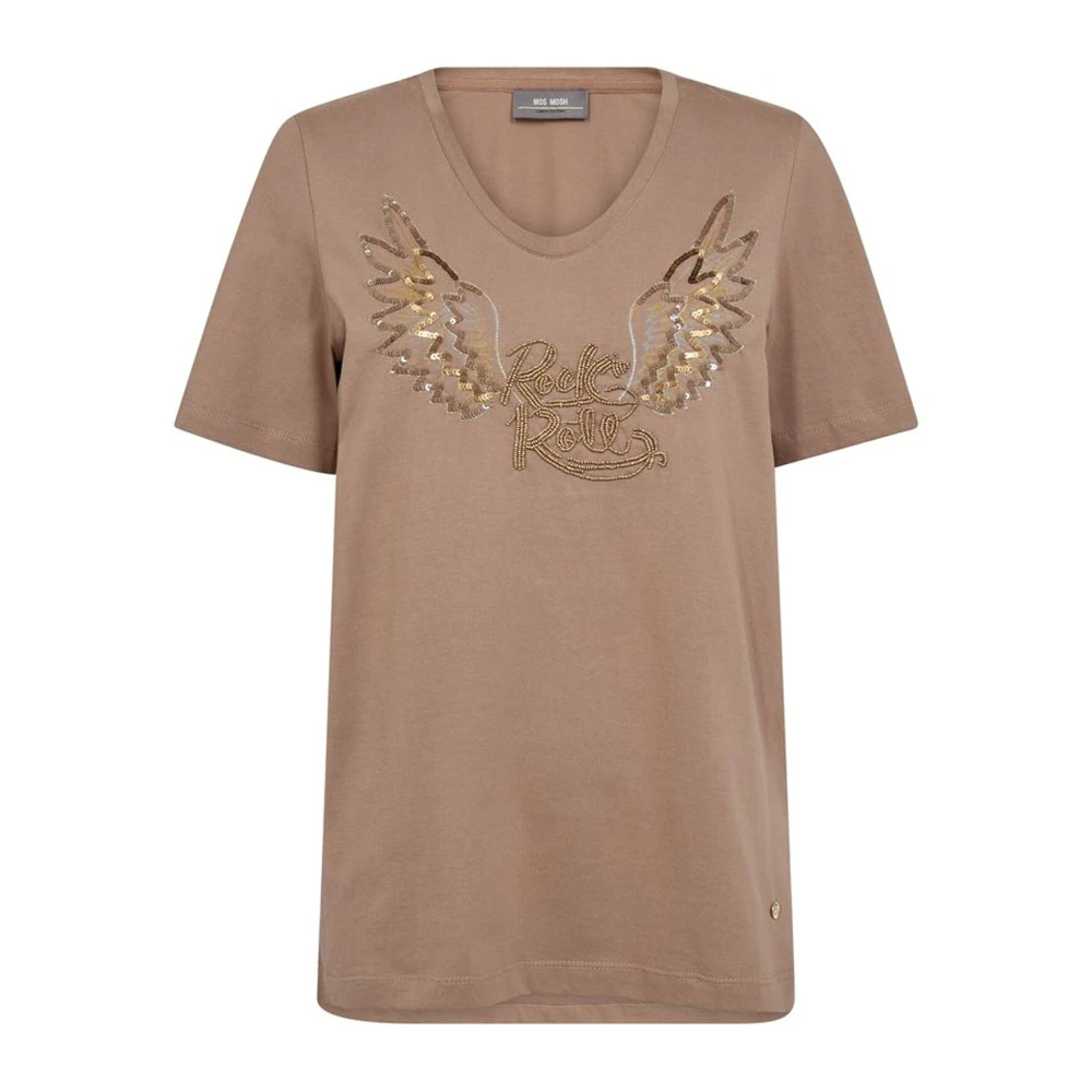 MOS MOSH Geborduurd T-shirt met V-hals Beige Dames
