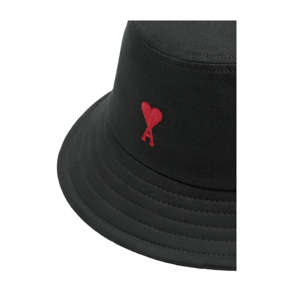 Ami Paris Zwarte Katoenen Logo Geborduurde Platte Rand Hoed Black Heren