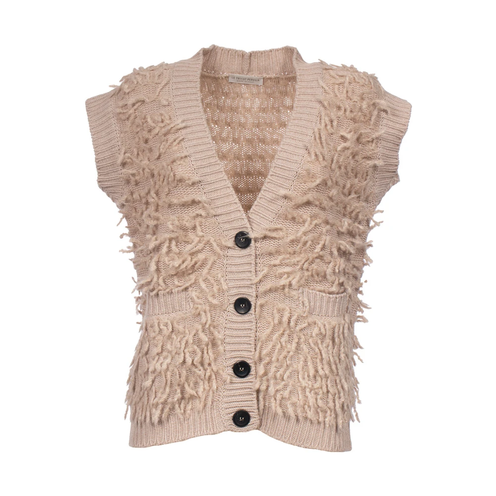 Le Tricot Perugia Mouwloos Wolmix Gebreid Vest Beige Dames