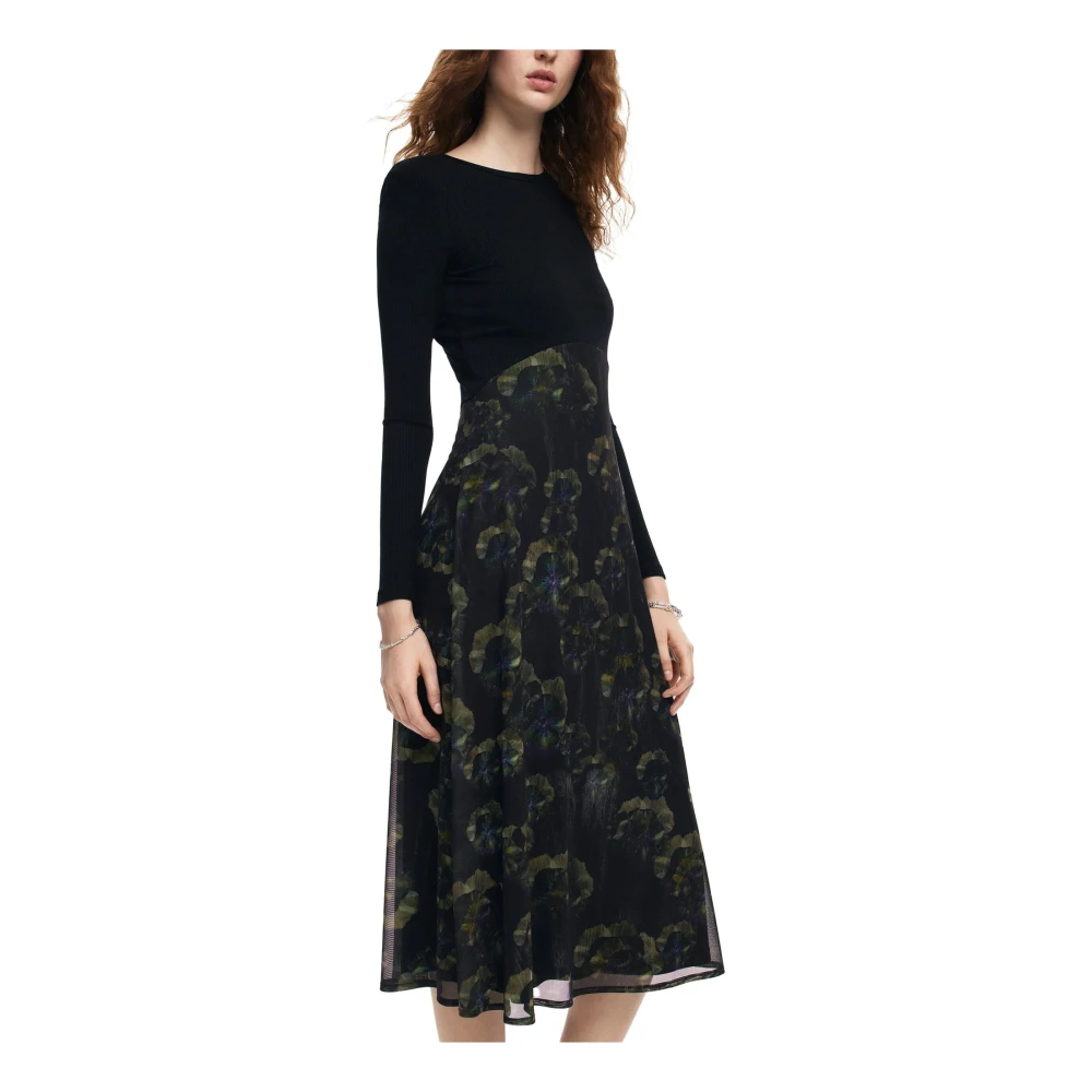 Desigual Bloemenprint lange mouw midi jurk Black Dames