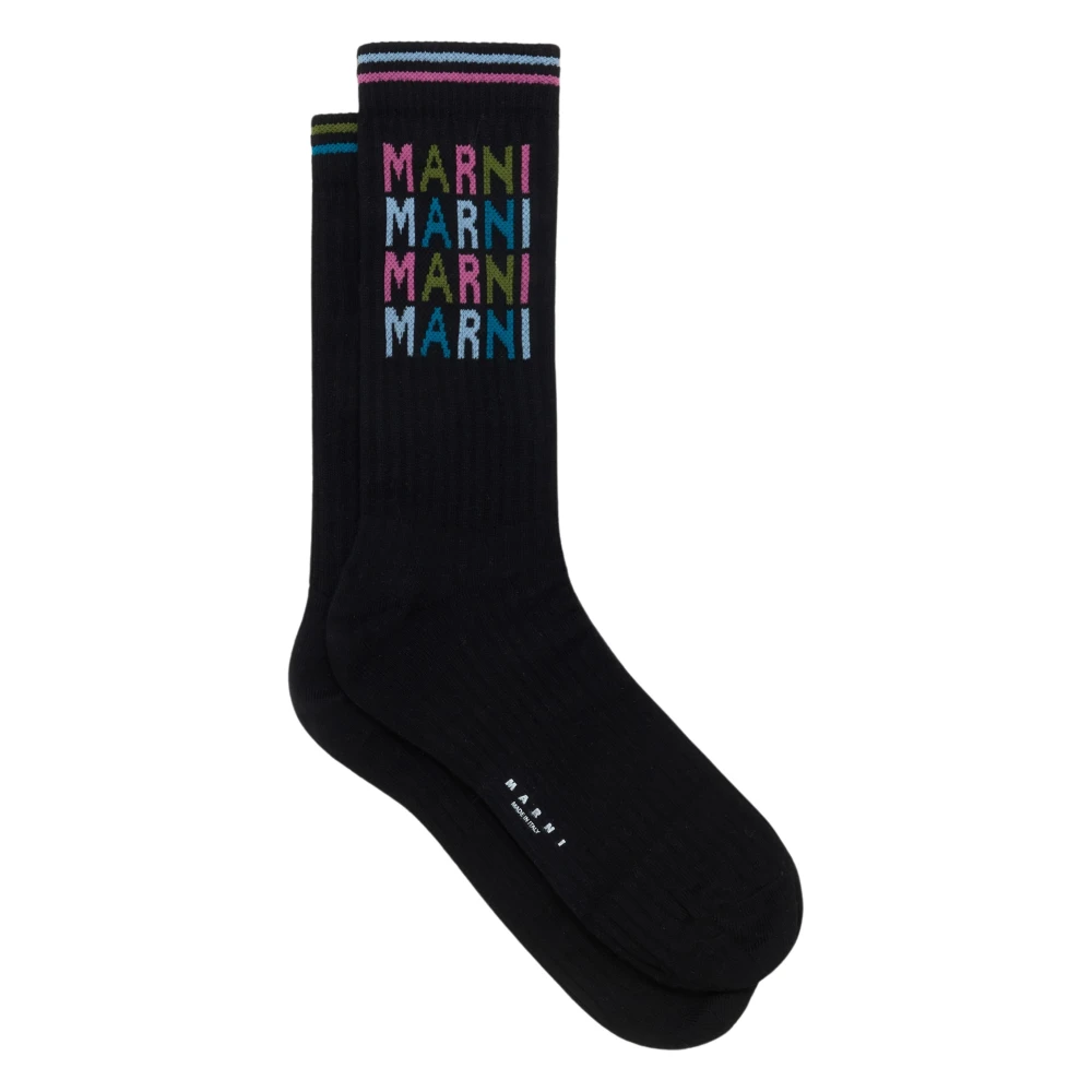 Marni Geribbelde katoenen sokken met veelkleurige logo's Black Heren