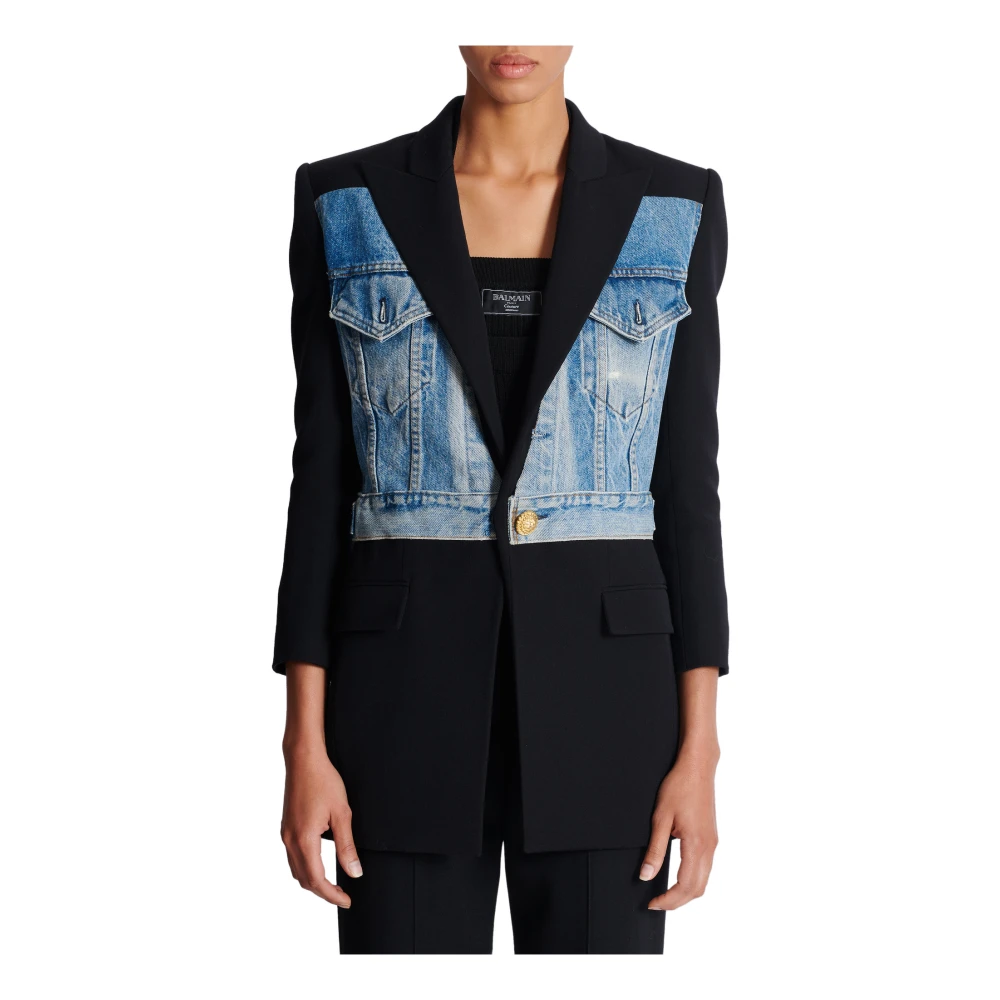 Balmain 1-knoop bi-materiaal jas Black Dames