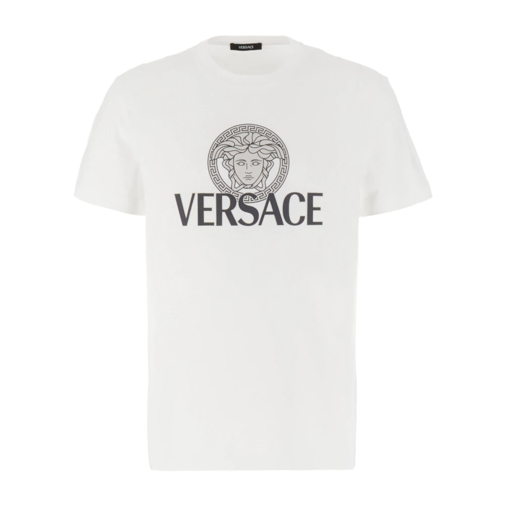 Versace Wit Crewneck T-Shirt met Contrasterende Logo Print in Katoen White Heren