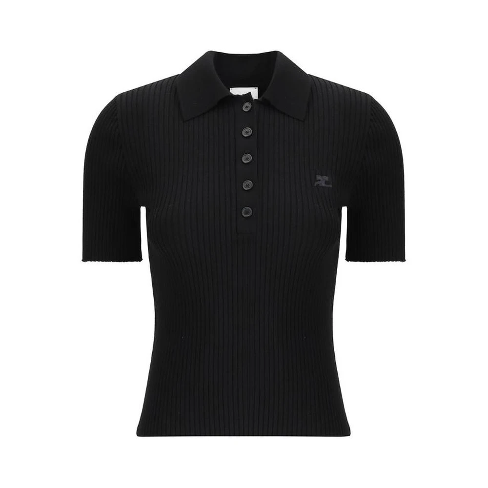 Courrèges Women's Black Polo Shirts, M, Ribbed Knit Polo Shirt