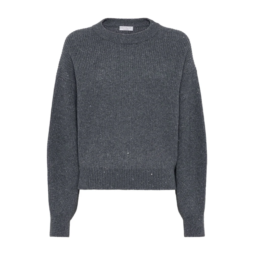BRUNELLO CUCINELLI Pailletversierde Crew Neck Sweater Gray Dames