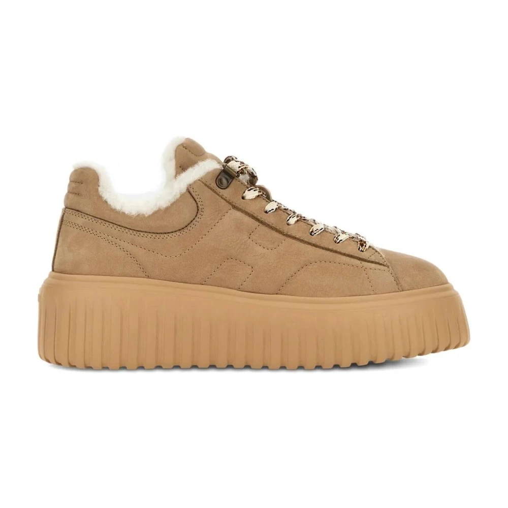 Hogan Suede Shearling Gevoerde Platform Sneakers Dames Schoenen Bruin