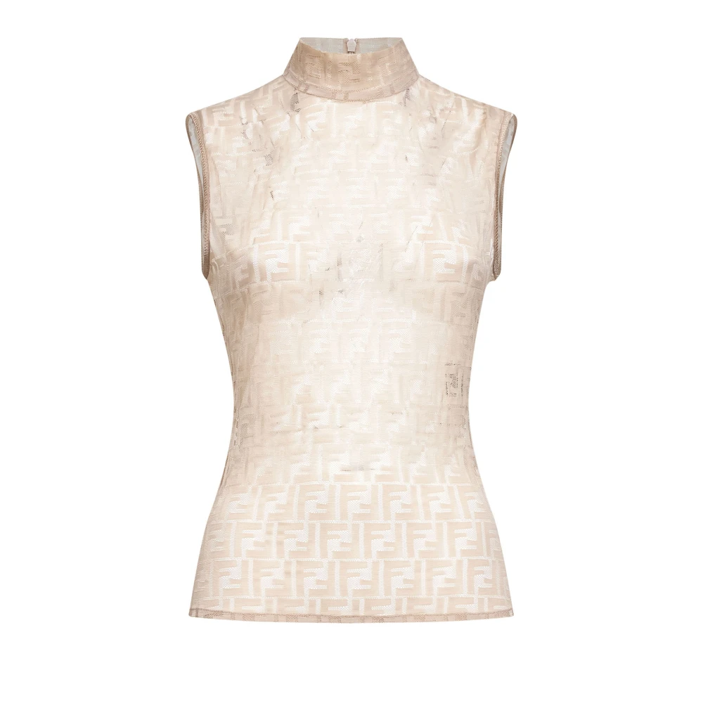 Fendi Beige Höghalset Ärmlös Transparent Topp