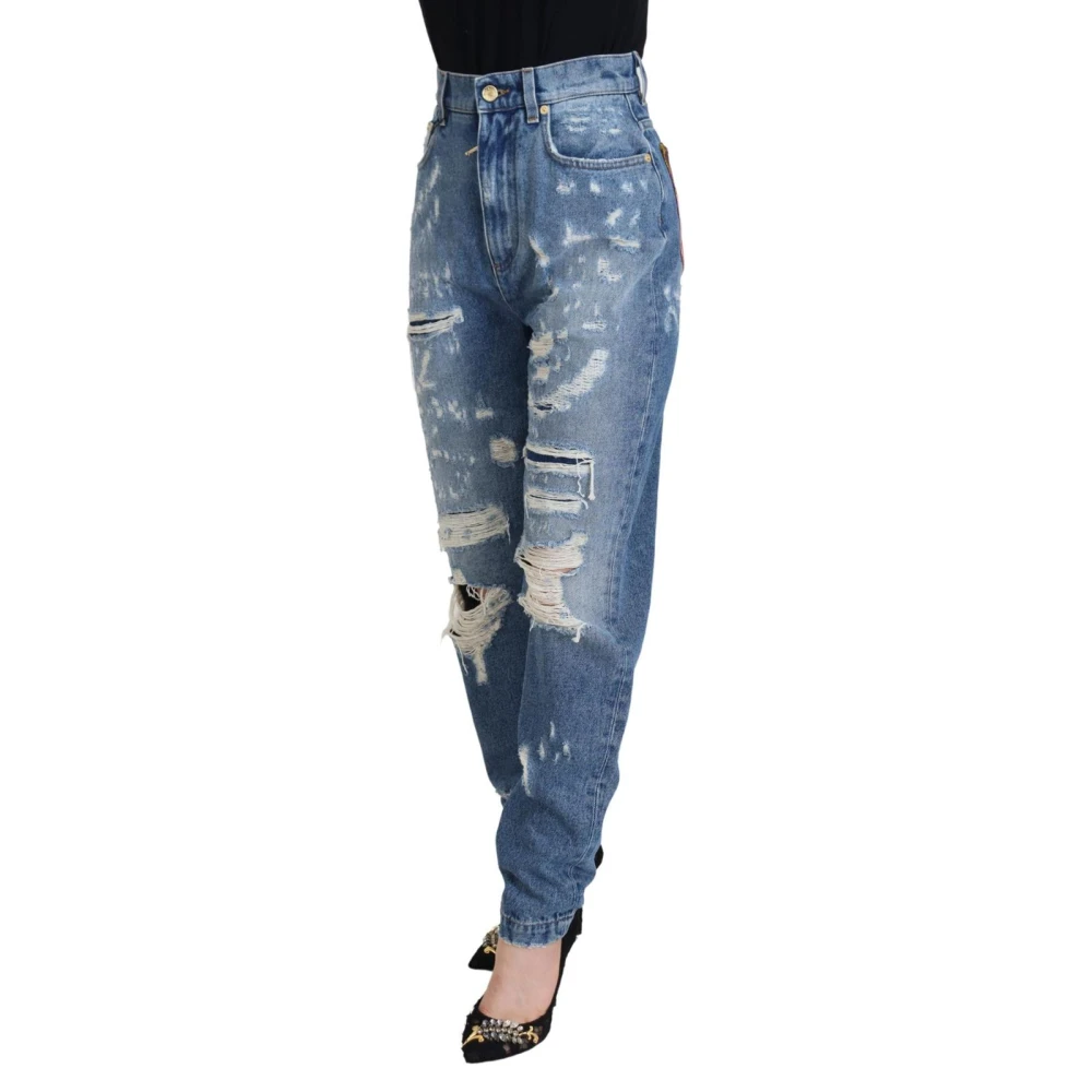 Dolce & Gabbana Blue Tattered Denim Trousers - Female - Loose Fit Jeans - 2XS - Jeans