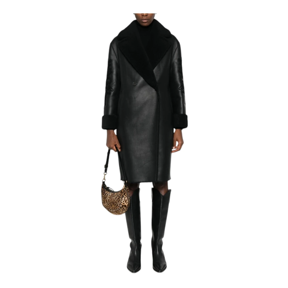 Ermanno Scervino Shearling double-breasted jas met geborduurde mouwen Black Dames
