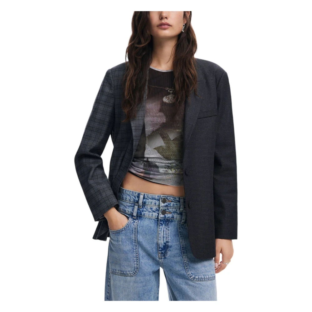 Desigual Geruite Zwarte Blazer met Reverskraag Black Dames