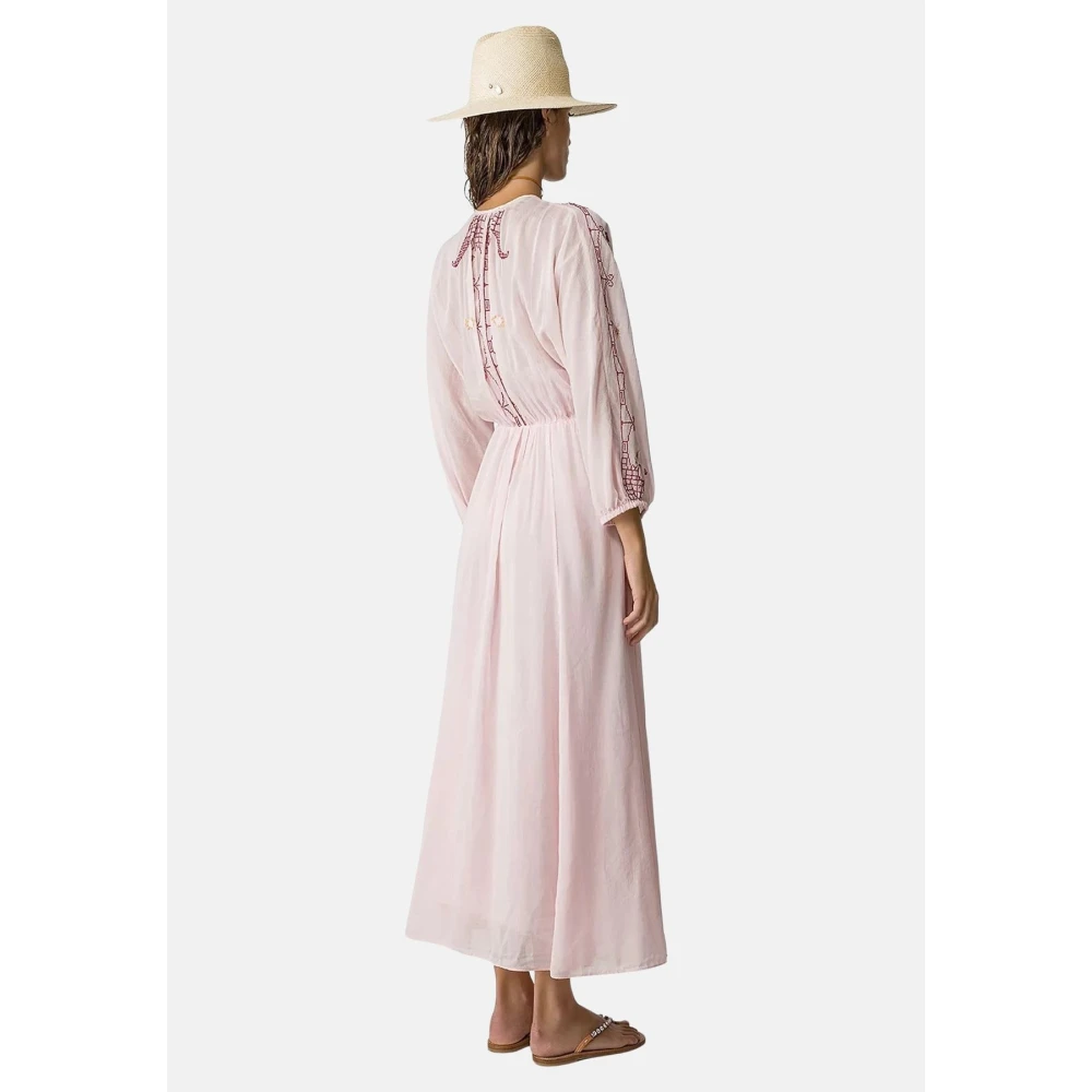 Forte Lange mouw V-hals katoen en zijde voile jurk met borduurwerk Pink Dames