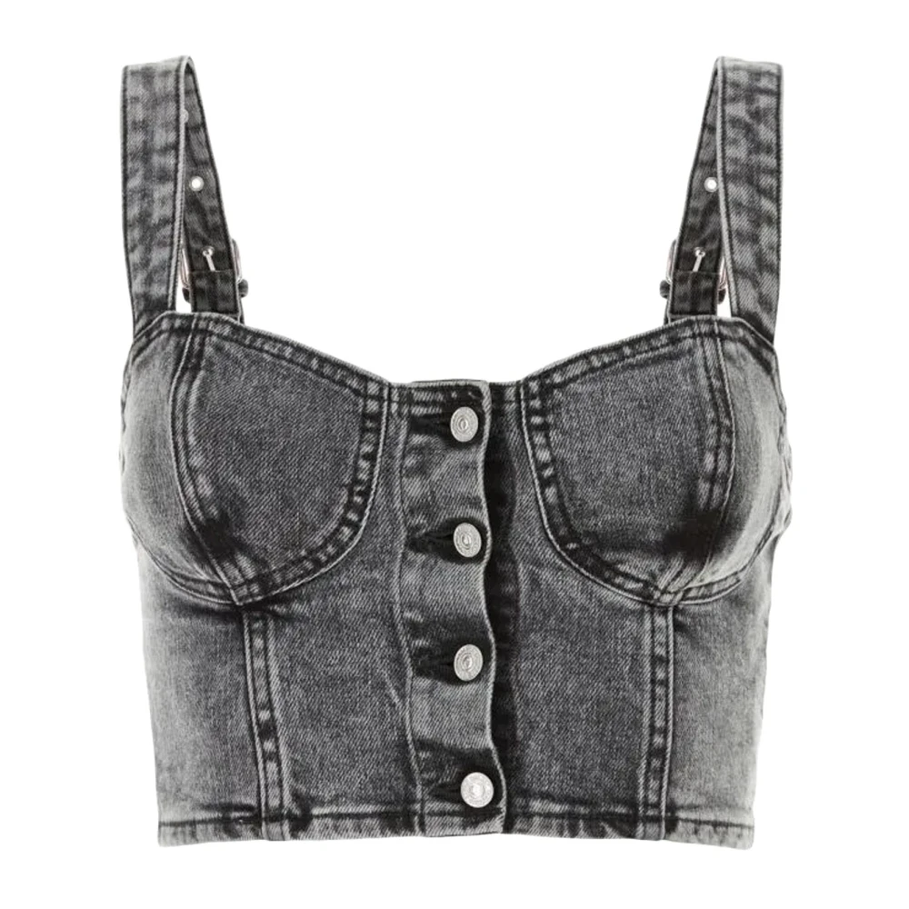 7 For All Mankind Stone Wash Denim Corselette Top Gray Dames