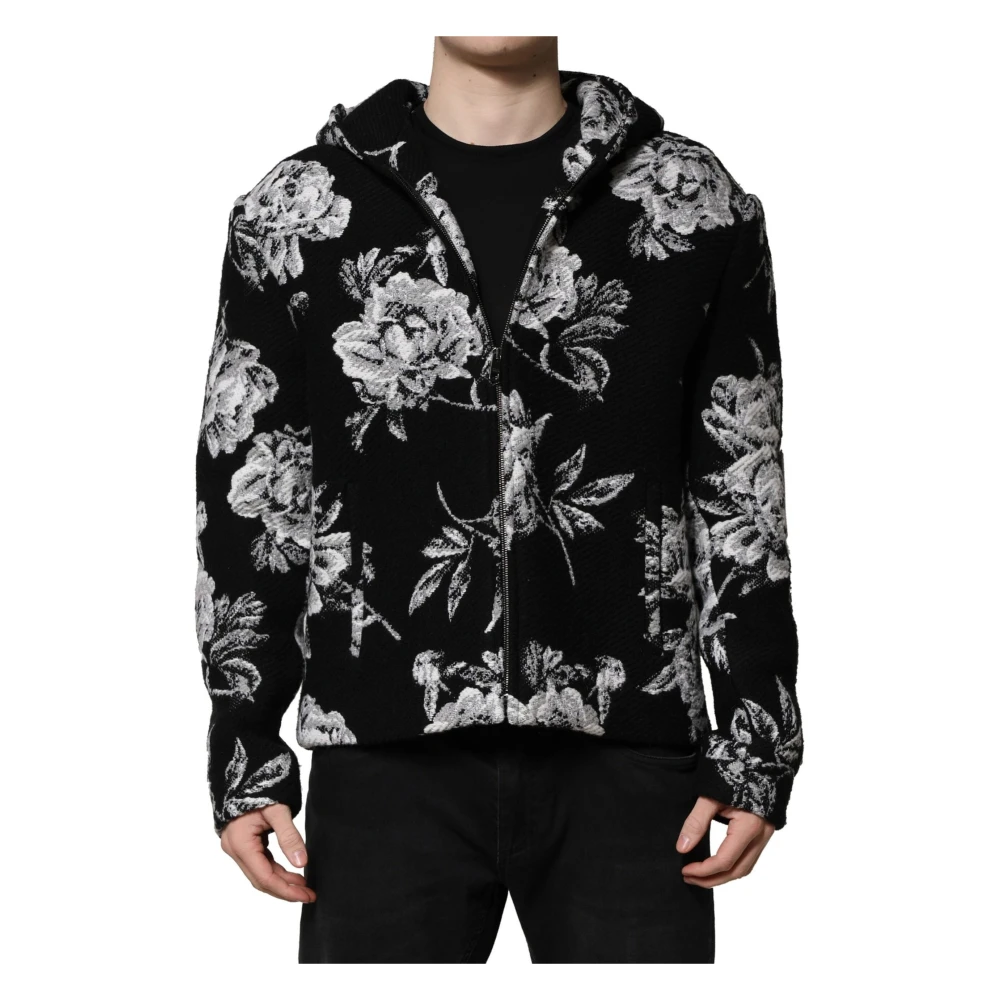 Dolce & Gabbana Black Wool Floral Printed Men Hooded Jacket - IT48 | M - Image 2