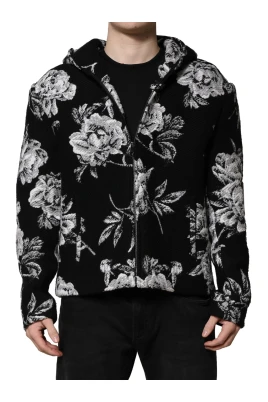 Svart Ull Blommig Huva Jacka
