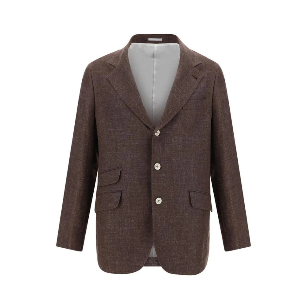 BRUNELLO CUCINELLI Linnen Blazerjas met Revers Brown Heren