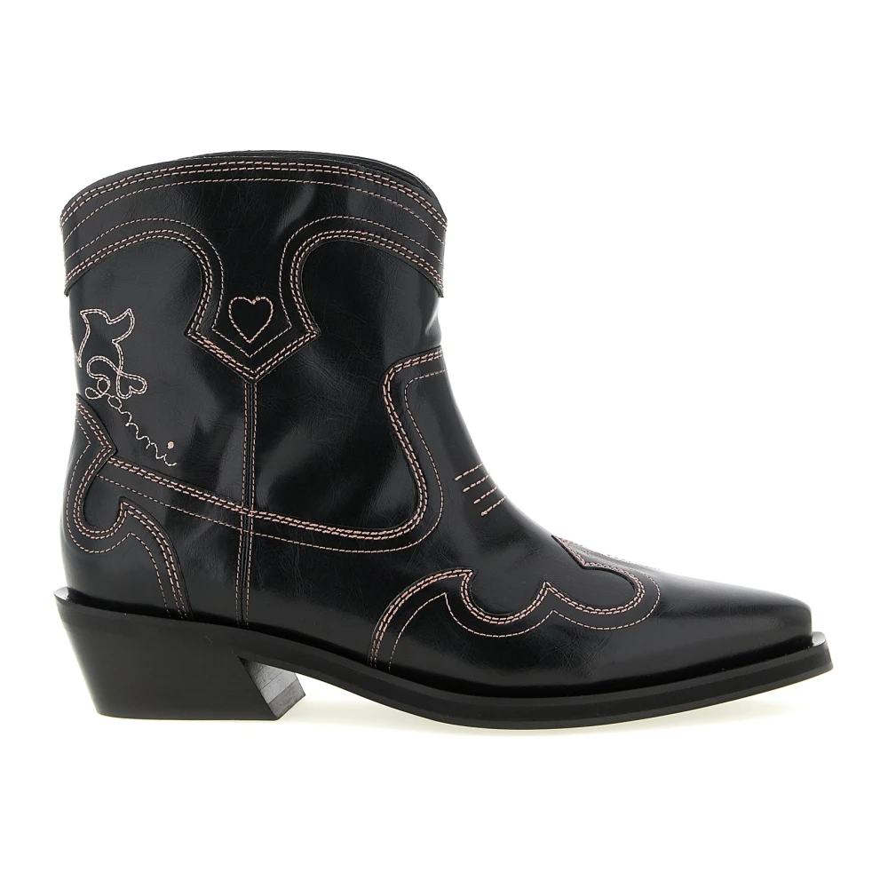 Ganni Women's Black Cowboy & Biker Boots, 5 Uk, Low Shaft Embroidered Western Ankle Boots