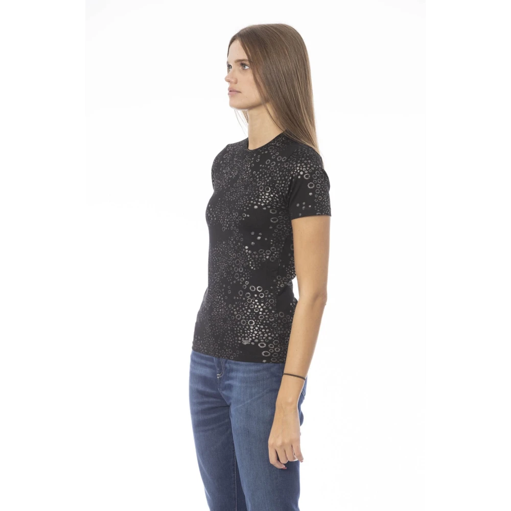 Baldinini Gestreept T-shirt met Metalen Monogram Black Dames