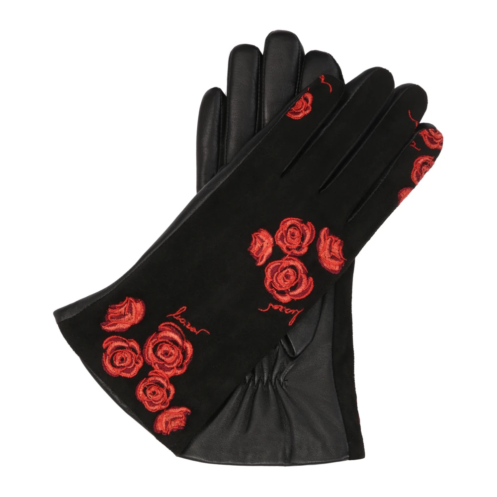 Kazar Elegante zwarte handschoenen met geborduurde rode bloemen Black Dames