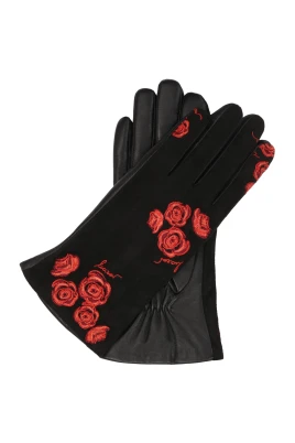 Eleganta svarta handskar med broderade röda blommor