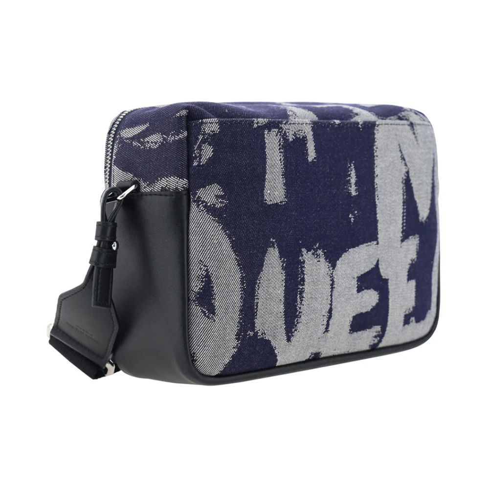 alexander mcqueen Indigo Denim Schoudertas met Graffiti Patroon Blue Heren
