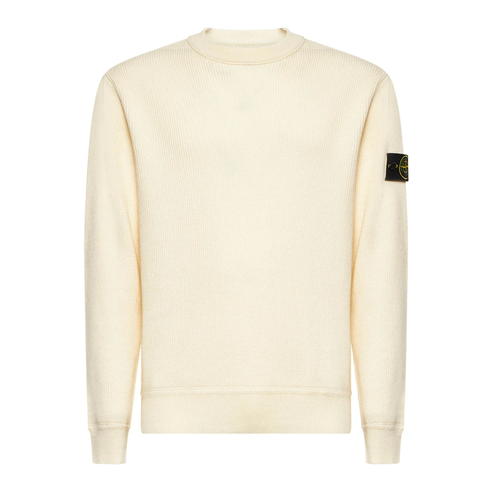 Stone Island Men's White Round-Neck Knitwear,, Ribbed Crewneck Cotton Jumper Ivory Large