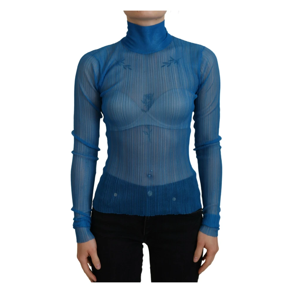 Dolce & Gabbana Women's Blue Mesh Turtleneck Long Sleeve Blouse Top - Blouses - Xs - Blouses & Shirts