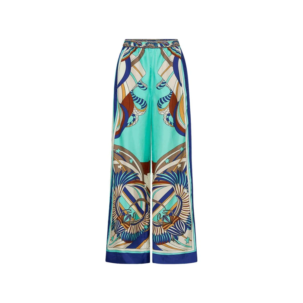 Camilla Blauwe Geometrische Wijde Zijden Broek Multicolor Dames