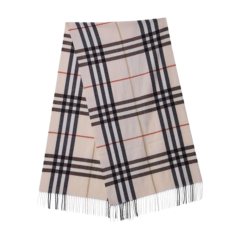 Burberry Geruit Kasjmier Sjaal Franje Zoom Beige Dames