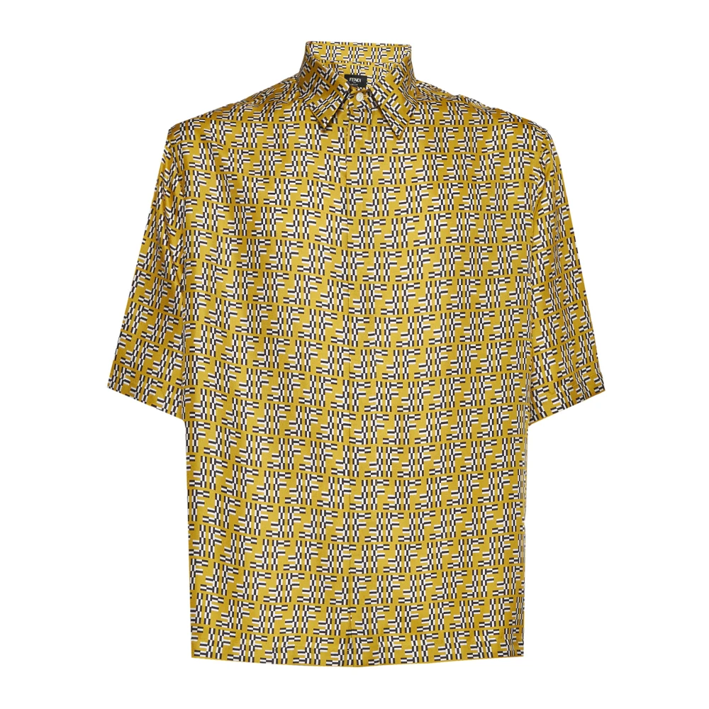 Fendi Mannelijk Geel Overhemden Heren, S, Silk Ff Labyrinth Print Shirt