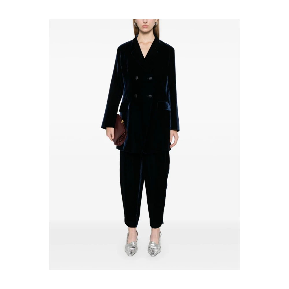 Emporio Armani Blauw Fluweel Dubbel-Breasted Jas Blue Dames