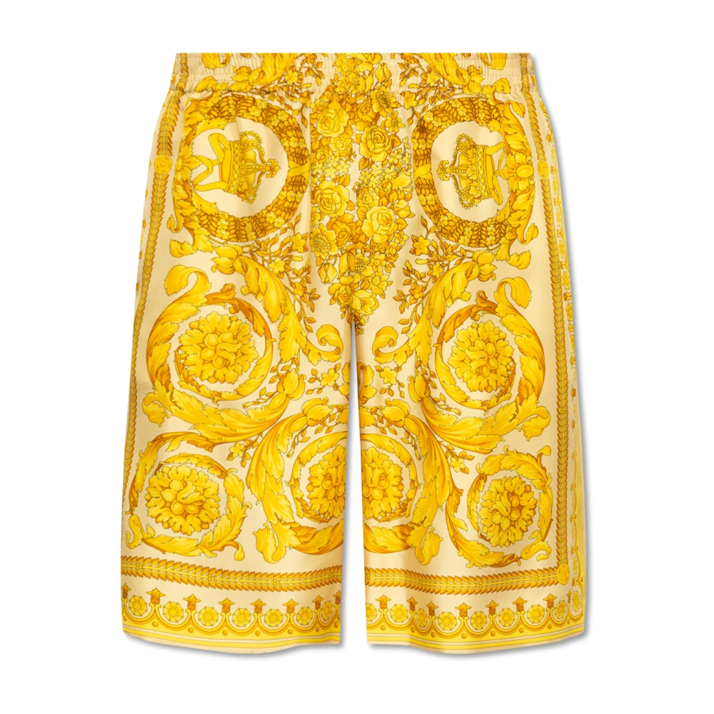 Versace Zijden Barocco Print Elastische Taille Shorts Yellow Heren