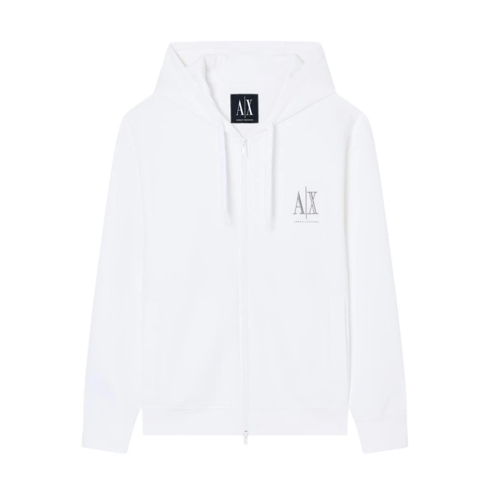 Armani Exchange Men's White Zip-Throughs, 2XL, Hooded Zip-Up Sweatshirt With Front Pockets
