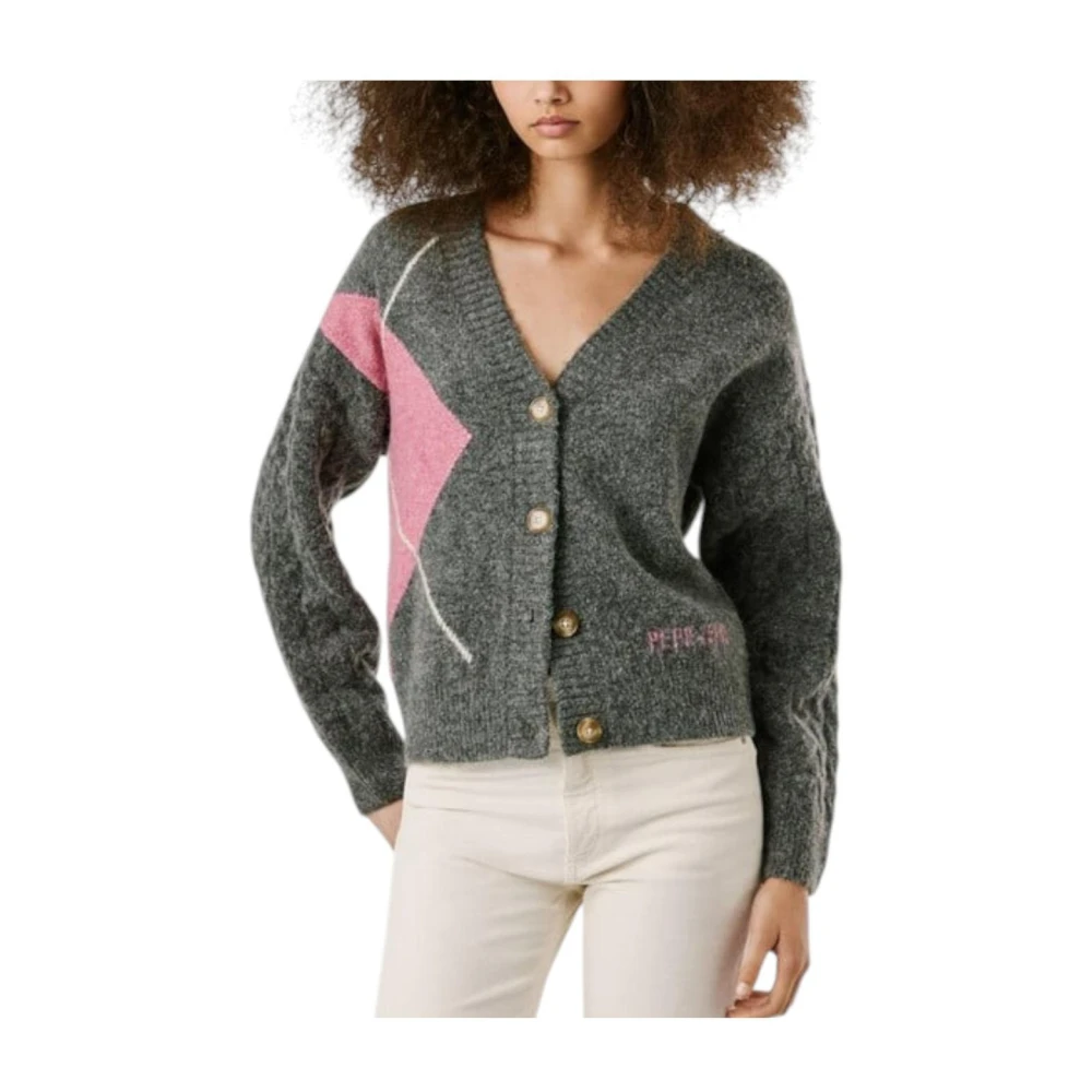 Pepe Jeans Women's Gray Cardigans, L, Diamond Jacquard Cardigan