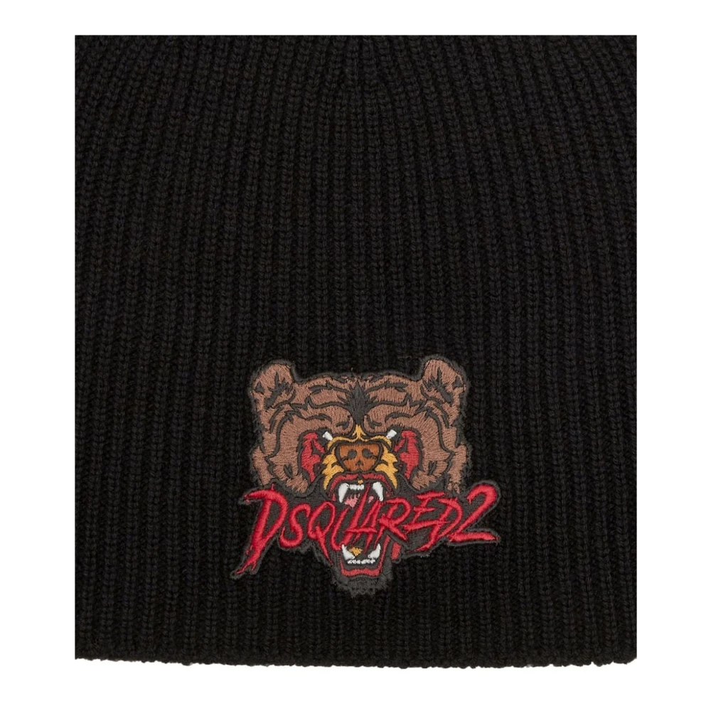 Dsquared2 Zwarte Wol Ribgebreide Beanie Hoed Black Heren