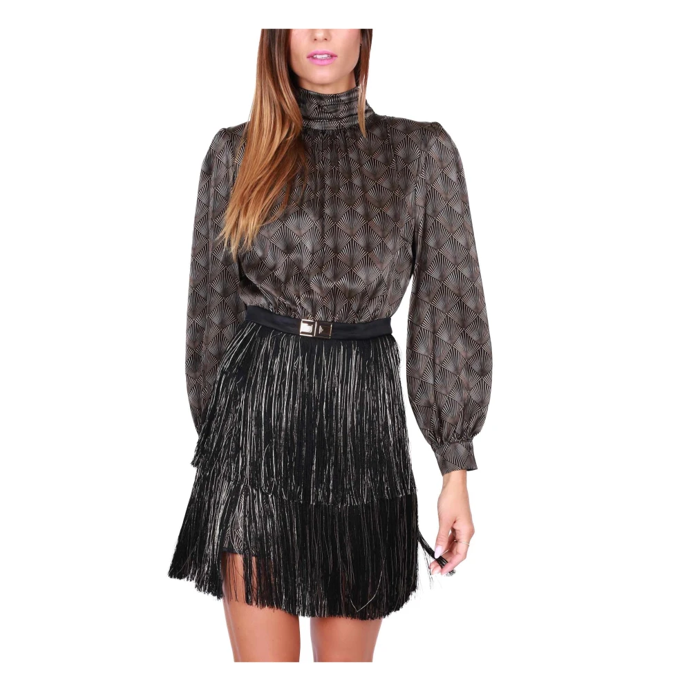Elisabetta Franchi Zijden Franje Mini Jurk Zwart Black Dames